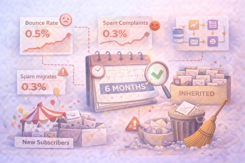 Metrics dashboard illustrating email list hygiene best practices over six months