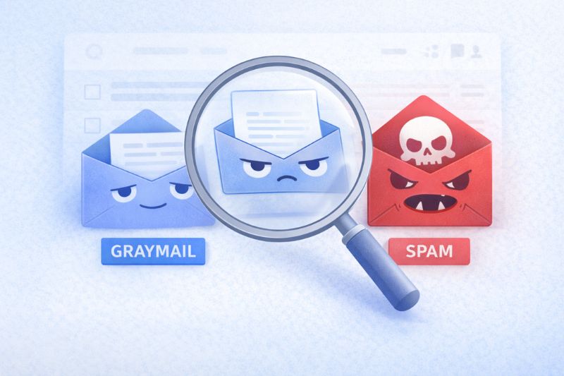 Illustration of three envelopes labeled graymail, spam, and unread, with a magnifying glass highlighting the unread message—showcasing how inbox placement is affected.