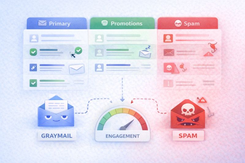 Impacto do graymail vs. spam nas guias da caixa de entrada e nas taxas de envolvimento de e-mail