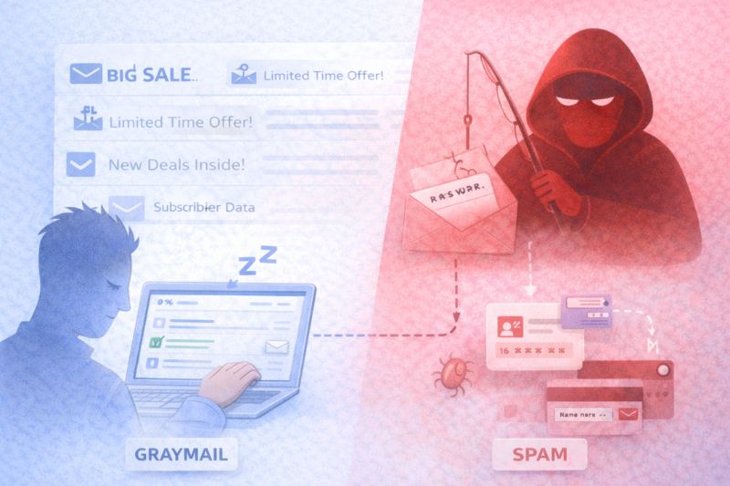 Ilustração de Graymail vs. spam mostrando e-mails promocionais e ameaças de phishing