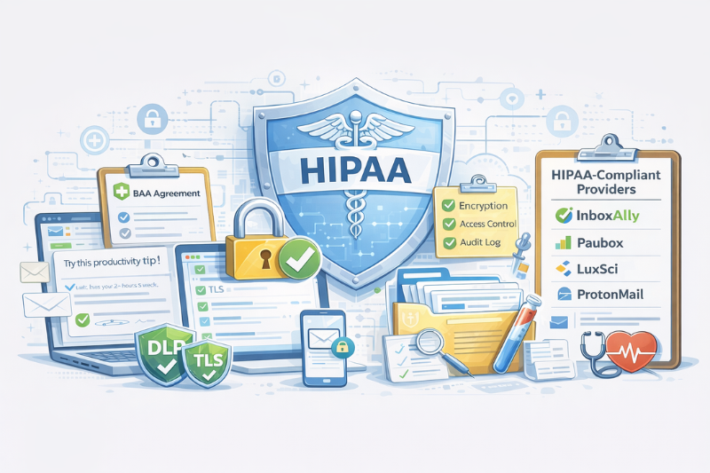 Ilustración de los conceptos de cumplimiento de la HIPAA con escudo, listas de comprobación, proveedores de correo electrónico seguro, iconos de entregabilidad, documentos, candados y símbolos de seguridad que representan la protección de datos en la atención sanitaria.