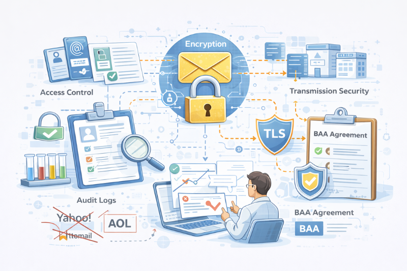 Provedores de e-mail em conformidade com a HIPAA com criptografia, TLS, registros de auditoria e acordos BAA