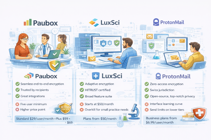 Comparação dos recursos dos provedores de e-mail em conformidade com a hipaa Paubox, LuxSci e ProtonMail
