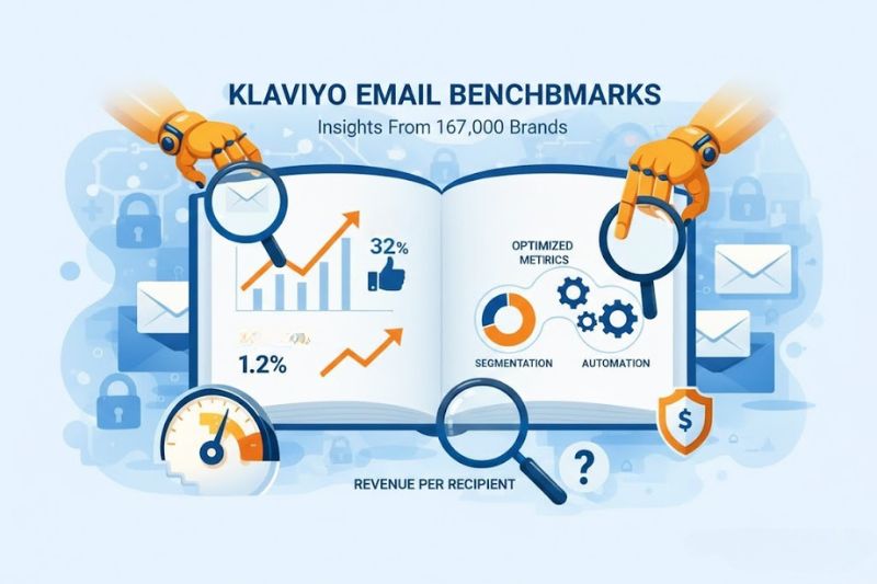 Open book displaying Klaviyo Email Benchmarks, with email marketing metrics, graphs, and icons for segmentation, automation, and optimization. Two hands hold magnifying glasses over the pages. Text reads "Klaviyo Email Benchmarks.