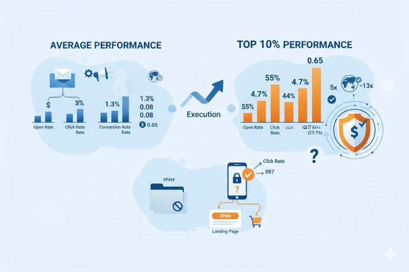 Infografía que compara la media y el 10% de las mejores referencias de correo electrónico de Klaviyo en cuanto a tasa de apertura, tasa de clics y tasa de conversión, con iconos de marketing por correo electrónico, spam, móvil y seguridad: información ideal para marcas de comercio electrónico.