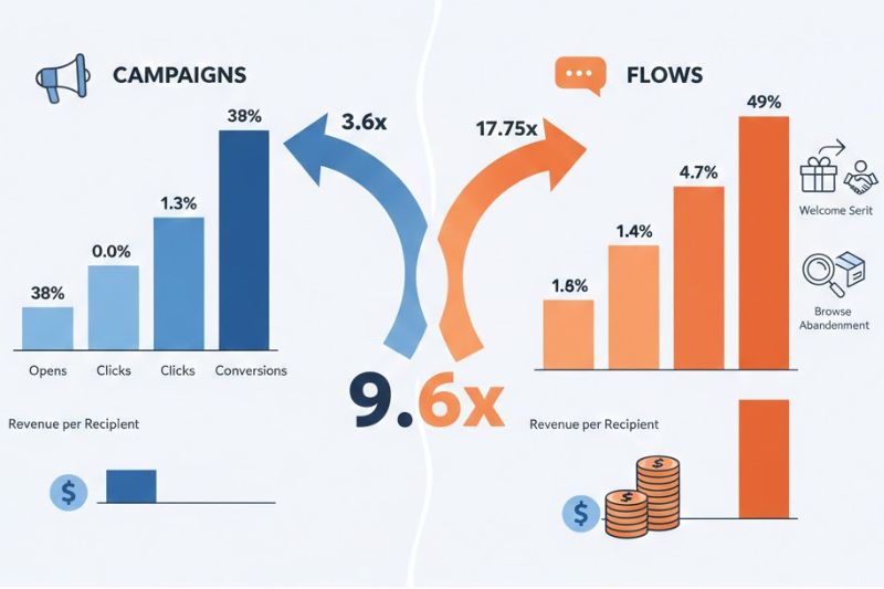 Gráfico comparativo de campañas de correo electrónico frente a flujos para marcas de comercio electrónico, que muestra que los flujos consiguen mayores aperturas, clics, conversiones e ingresos por destinatario, generando 9,6 veces más ingresos que las campañas basadas en las referencias de correo electrónico de Klaviyo.