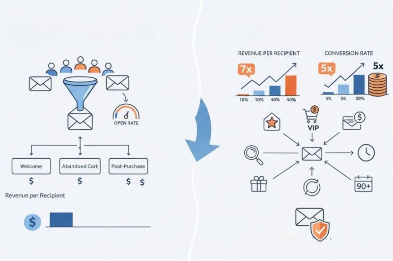 Diagrama que compara un flujo de correo electrónico básico con flujos segmentados, destacando el aumento de los ingresos y las tasas de conversión de las marcas de Klaviyo mediante el aprovechamiento de estrategias de marketing por correo electrónico dirigidas y superando los puntos de referencia de correo electrónico de Klaviyo.