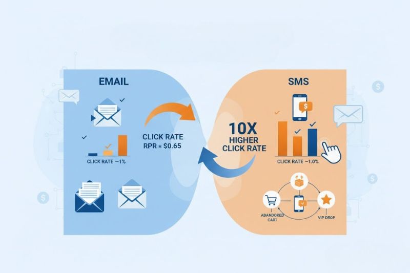 Infografía que compara el marketing por correo electrónico y los SMS para las marcas de comercio electrónico; los SMS muestran una tasa de clics 10 veces mayor que el correo electrónico, con iconos que representan mensajes y métricas de compromiso que hacen referencia a las referencias de correo electrónico de Klaviyo para cada canal.