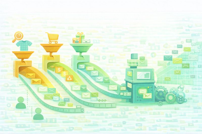 Illustration of three funnels processing items like a shirt, cart, and gift with emails flowing into a machine and out as messages, money, and gears, symbolizing automated Klaviyo email marketing campaigns workflow.