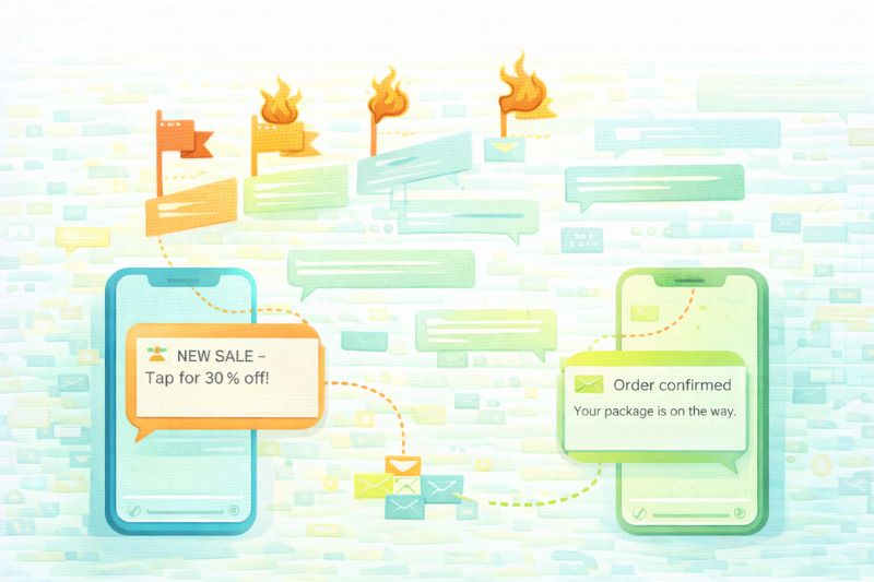 Two smartphones with message icons; one shows a sale notification, the other an order confirmation, highlighting how Klaviyo campaigns power engaging email marketing. Fire and flag icons appear above the sale messages.