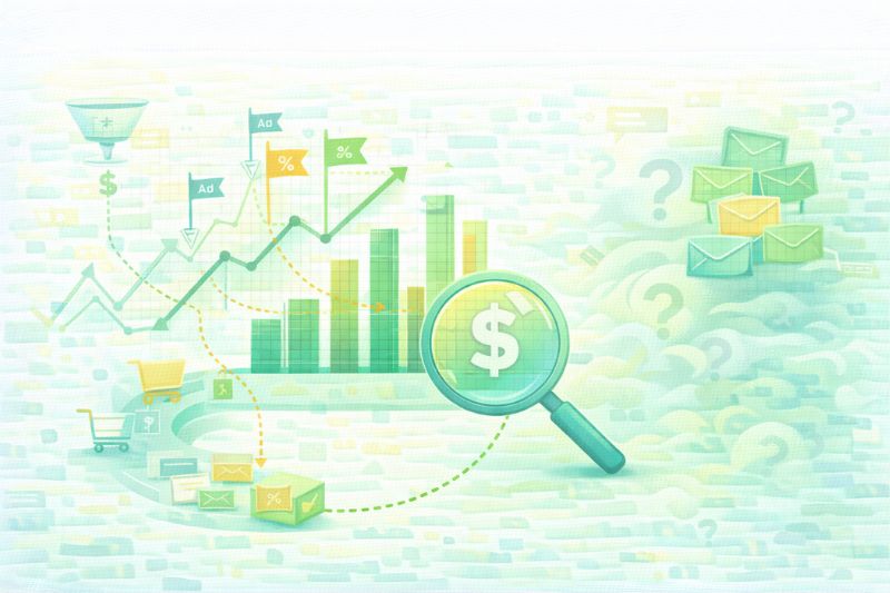 Illustration of bar and line graphs, email icons, shopping carts, and a magnifying glass with a dollar sign, representing Early Wins in data analysis and growth through effective Email Marketing Campaigns.
