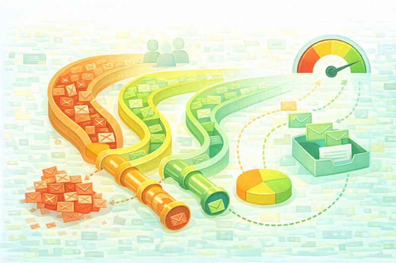 Illustration of colored funnels sorting email icons into piles, charts, and a gauge, symbolizing data filtering and email organization in Klaviyo for early wins with targeted email marketing campaigns.