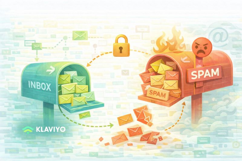 Illustration of two mailboxes: one labeled "INBOX" with green mail and a lock, the other labeled "SPAM" with burning mail and an angry face. Klaviyo logo near the inbox, highlighting how Klaviyo emails stop important messages from hitting spam.