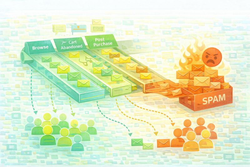 Ilustração mostrando como impedir que os e-mails da Klaviyo sejam enviados para o spam: os usuários envolvidos recebem mensagens relevantes, enquanto os e-mails dos usuários desinteressados acabam em uma caixa de spam em chamas com uma cara de raiva.
