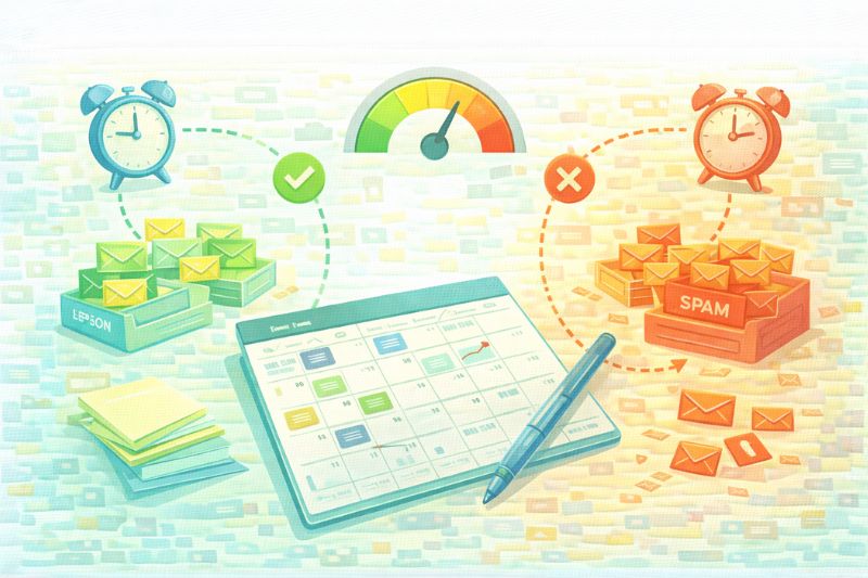 Ilustração de um calendário, uma caneta e duas caixas de correio: uma rotulada como