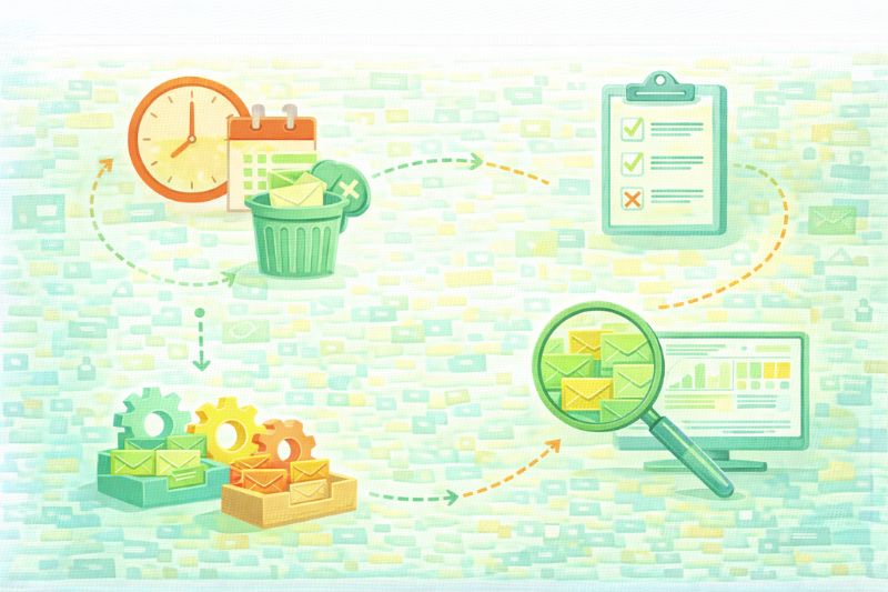 Ilustração mostrando o gerenciamento de e-mails: classificação, exclusão de spam e análise de e-mails do Klaviyo com ícones de relógio, calendário, prancheta, engrenagens, lupa e tela de computador exibindo tabelas e gráficos.