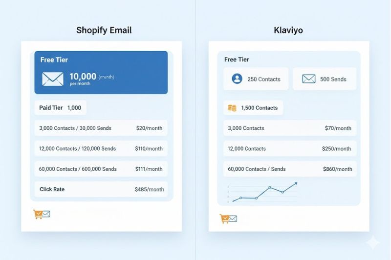Side-by-side comparison of Shopify Email and Klaviyo pricing, highlighting free and paid tiers for each email platform based on number of contacts and monthly sends.