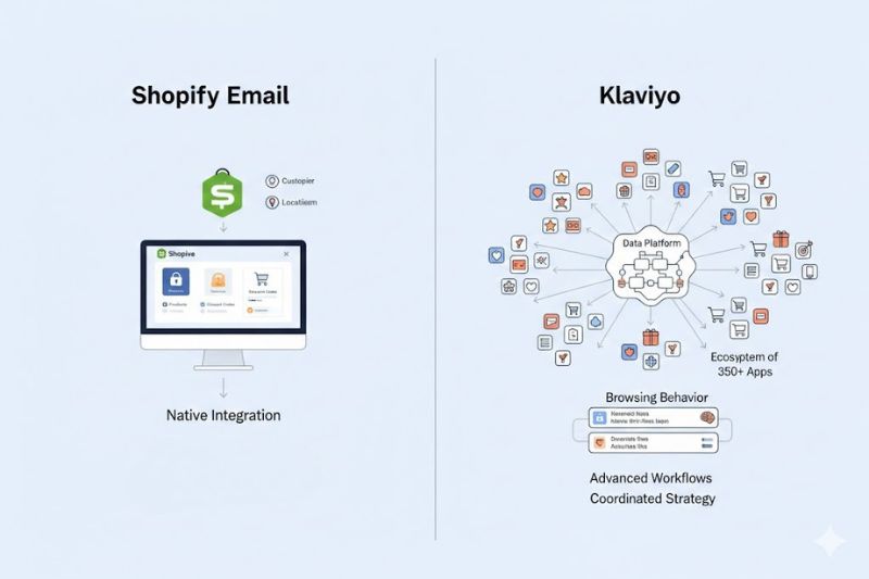 Split image comparing Shopify Email’s native integration on a monitor (left) with Klaviyo’s powerful email platform and interconnected app ecosystem featuring robust workflows (right).