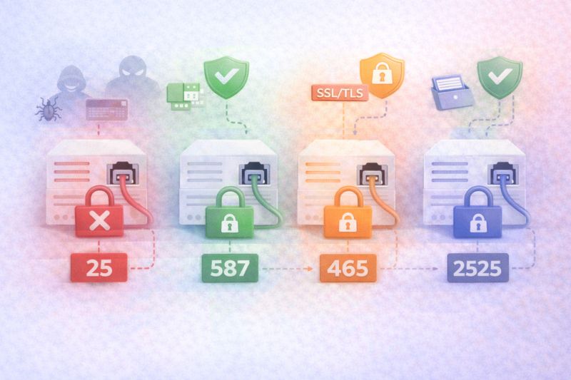 Comparação da segurança das portas smtp 25, 587, 465 e 2525.