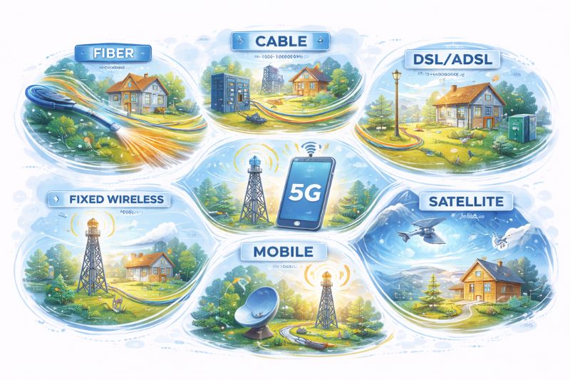 O que significa ISP mostrando as camadas de fibra, cabo, DSL, satélite e celular?