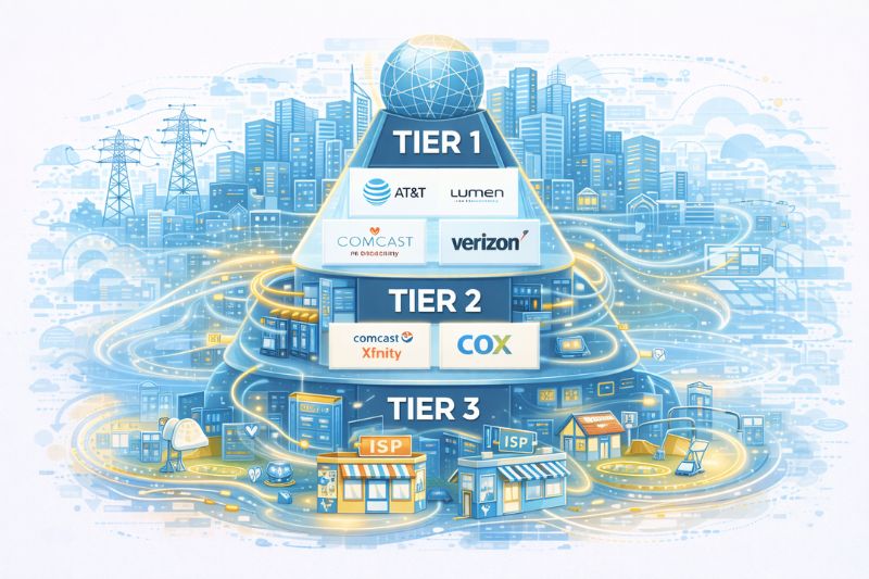 O que significa ISP ilustrado com provedores de nível 1, 2 e 3?