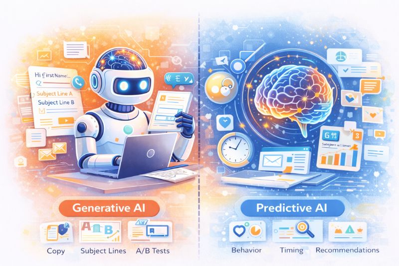 Illustration split between generative AI, shown as a robot creating content for AI Copywriting, and predictive AI, depicted with a digital brain analyzing data and making recommendations for Email Marketing AI.