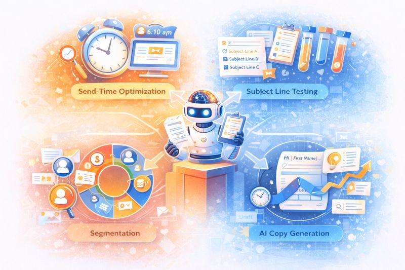 Illustration of a robot using AI for Email Marketing: analyzing send-time optimization, segmentation, subject line testing, and AI copywriting, with related icons and charts.