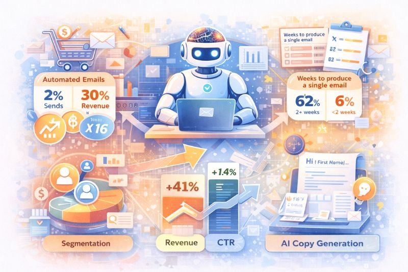 Illustration of a robot using Email Marketing AI to automate campaigns, improve revenue and click-through rates, enable advanced segmentation, and streamline email production time.