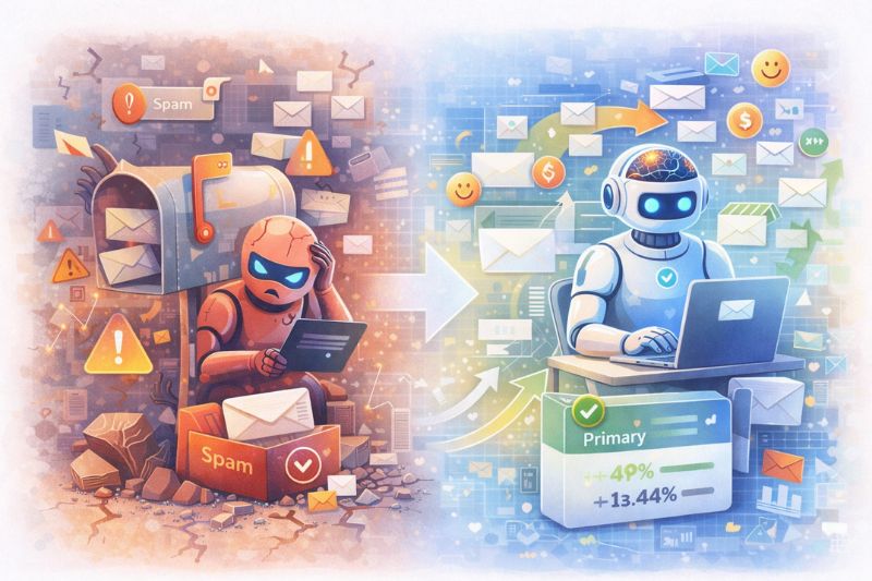 Two robots process emails: the left sorts spam with warnings and clutter, while the right uses AI for Email Marketing to filter primary messages, displaying organized emails and positive stats on a laptop.