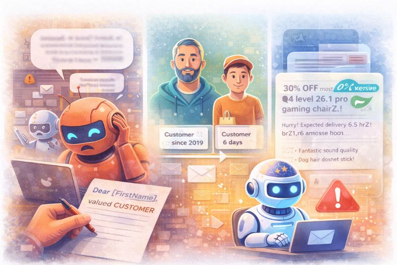 Illustration of robots using AI for Email Marketing to handle customer communication, personalized emails, and promotions, with human customers above showing different durations of their customer relationship.