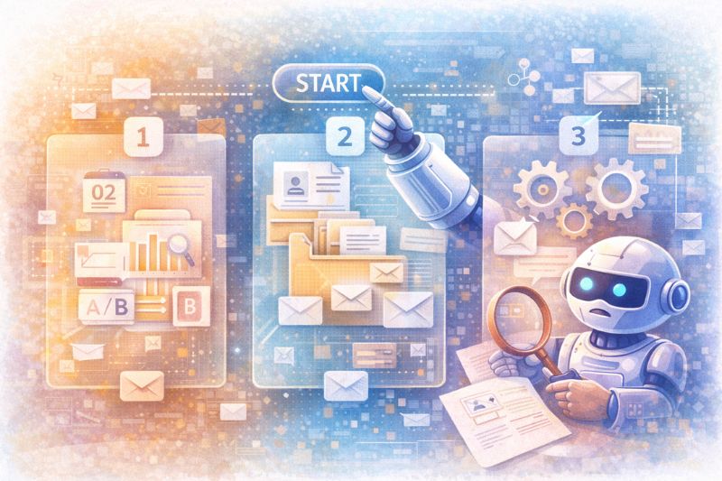 A robot points to a "Start" button above three panels showing digital files, charts, emails, and gears, symbolizing automated workflow or data processing with AI for Email Marketing.