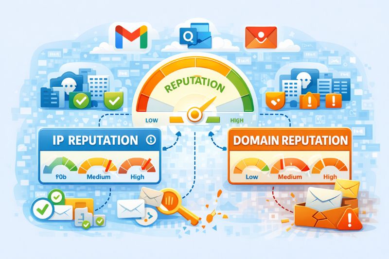 Ilustração mostrando um medidor de reputação com medidores separados para reputação de IP e de domínio, destacando seu impacto no sucesso da entrega de e-mails durante uma auditoria de entregabilidade de e-mail ou durante a revisão dos resultados da campanha de e-mail.