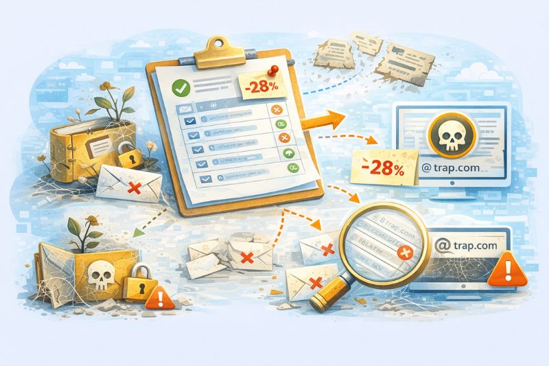 Ilustração mostrando uma lista de verificação com um sinal de -28%, e-mails marcados com símbolos de aviso e uma lupa sobre endereços de e-mail suspeitos, destacando as ameaças à segurança cibernética e a importância de uma auditoria de entregabilidade de e-mail.