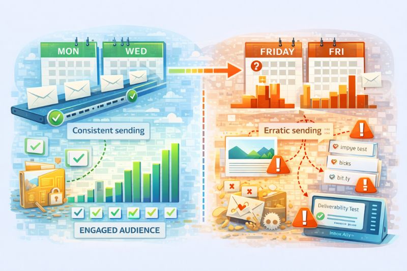 Ilustração comparando o envio consistente de e-mails e o envolvimento do público com o envio irregular com problemas de capacidade de entrega e resultados mais baixos da campanha - destacando o impacto que uma auditoria de capacidade de entrega de e-mails pode ter.