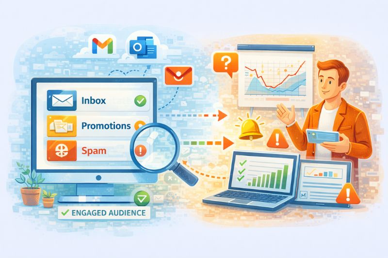 Ilustração de uma pessoa realizando uma auditoria de entregabilidade de e-mail - analisando as categorias Caixa de entrada, Promoções e Spam, analisando tabelas e gráficos em dispositivos digitais, com ícones que representam alertas e envolvimento do público.