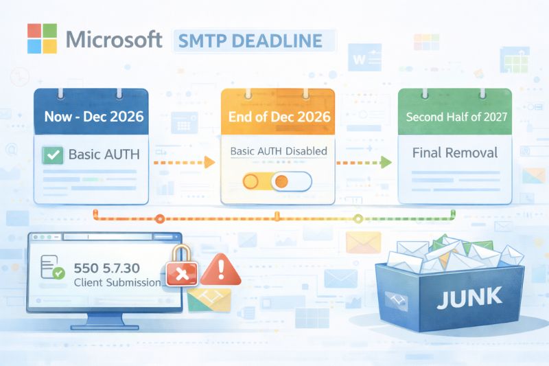 La infografía destaca la fecha límite de Microsoft para el SMTP: AUTH básico activo hasta marzo de 2026, desactivado a finales de diciembre de 2026 y eliminado en la segunda mitad de 2027. La entregabilidad del correo electrónico, el correo basura y los iconos de advertencia representados en esta actualización del sector.