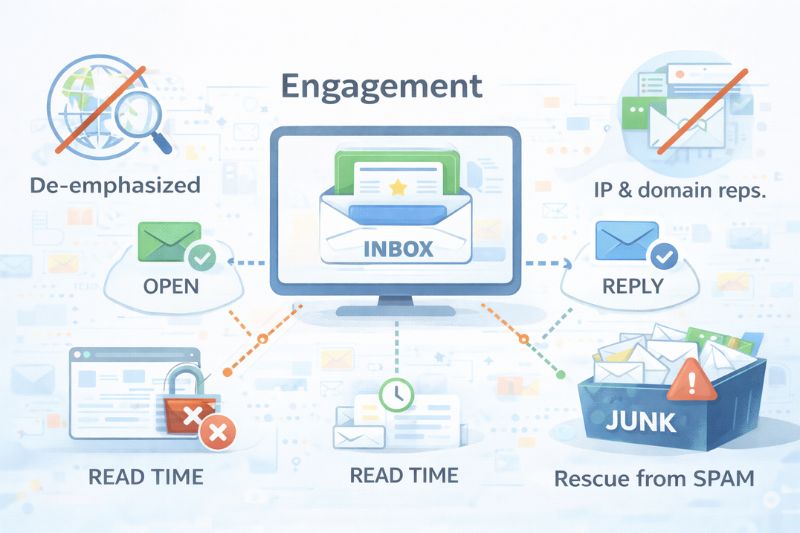 Diagrama que ilustra los factores de compromiso del correo electrónico -abrir, responder, tiempo de lectura, rescatar del spam, eliminar énfasis- con iconos para cada uno y una bandeja de entrada central en la pantalla de un ordenador. Aspectos destacados de la entregabilidad del correo electrónico en marzo de 2026.