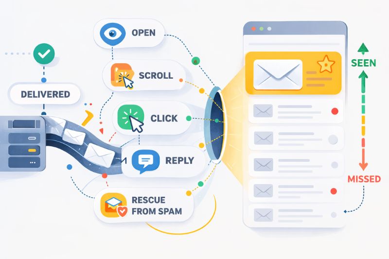 Diagrama que muestra las acciones del correo electrónico -entregar, abrir, desplazarse, hacer clic, responder y rescatar del spam-, destacando la Entregabilidad del correo electrónico en una interfaz de bandeja de entrada para la Actualización del sector de marzo de 2026.