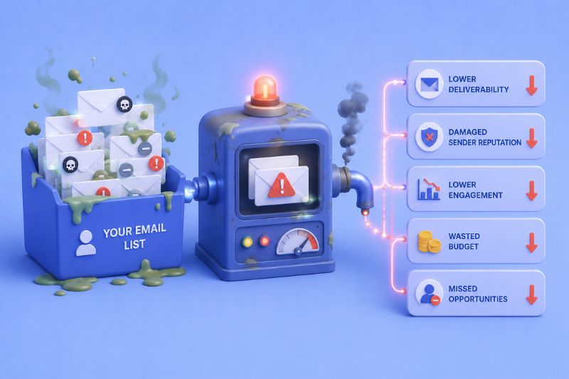Email marketing performance graphic connecting poor list hygiene to reduced inbox placement, engagement, and conversions