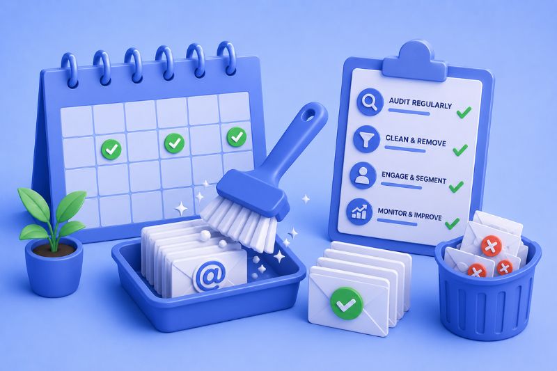 Email list hygiene maintenance workflow showing regular audits, contact cleaning, segmentation, and ongoing list quality monitoring