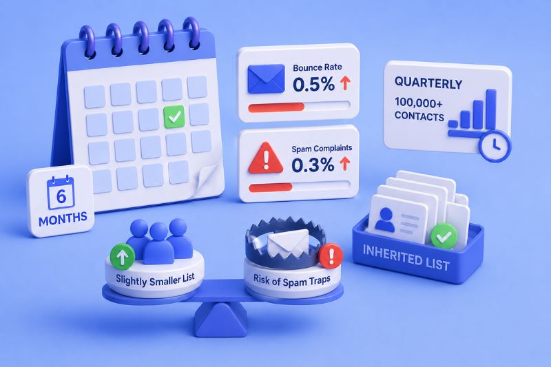 Email list cleaning schedule illustrating six-month audits, quarterly reviews for large lists, and deliverability warning signs that require immediate action