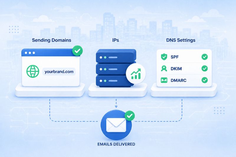 Diagram showing sending domains, IPs, and DNS settings (SPF, DKIM, DMARC) with checkmarks, leading to a delivered email icon in the inbox—perfect for visualizing Klaviyo email deliverability.