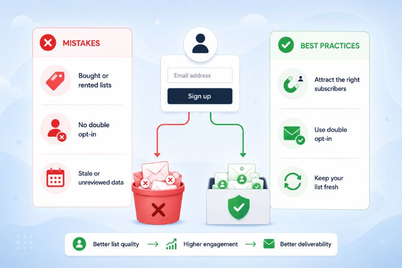 Infographic comparing email list mistakes—bought lists, no double opt-in, stale data—with best practices like attracting subscribers and double opt-in to improve Klaviyo email deliverability and inbox placement.