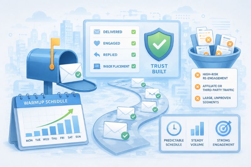 Illustration of an email marketing process showing a mailbox, calendar, and icons for delivery, engagement, and risk management—including inbox placement and a shield labeled "Trust Built." Perfect for highlighting Klaviyo email deliverability.