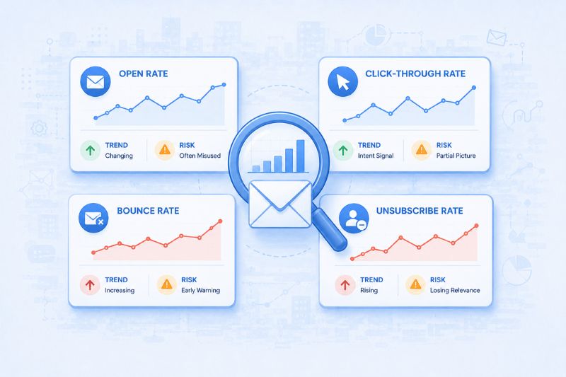 Infographic displaying email deliverability metrics—open rate, click-through rate, bounce rate, and unsubscribe rate—with trends and risks, all centered around an envelope icon and magnifying glass to highlight inbox performance for Klaviyo users.