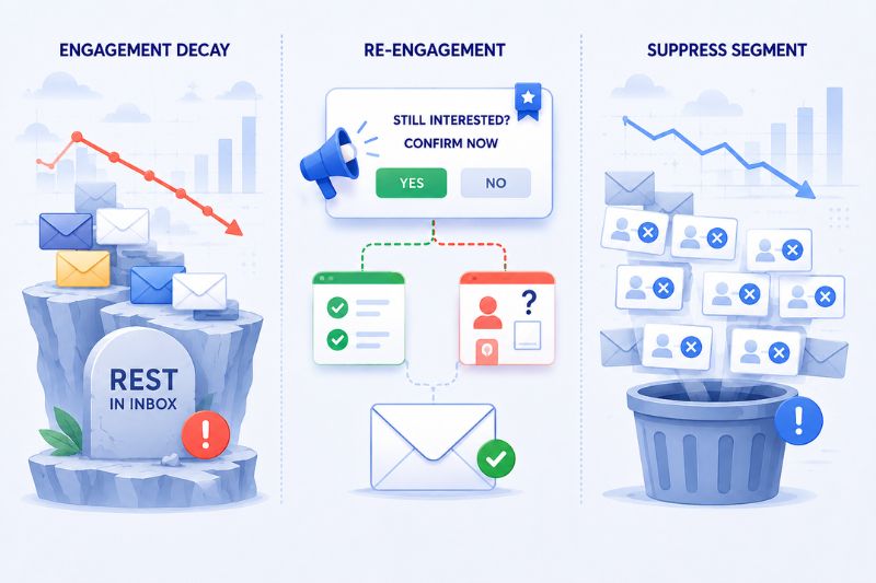 Infographic showing engagement decay, re-engagement through confirmation, and suppression of unresponsive email recipients in Klaviyo, with related icons and charts to boost email deliverability and Inbox placement.