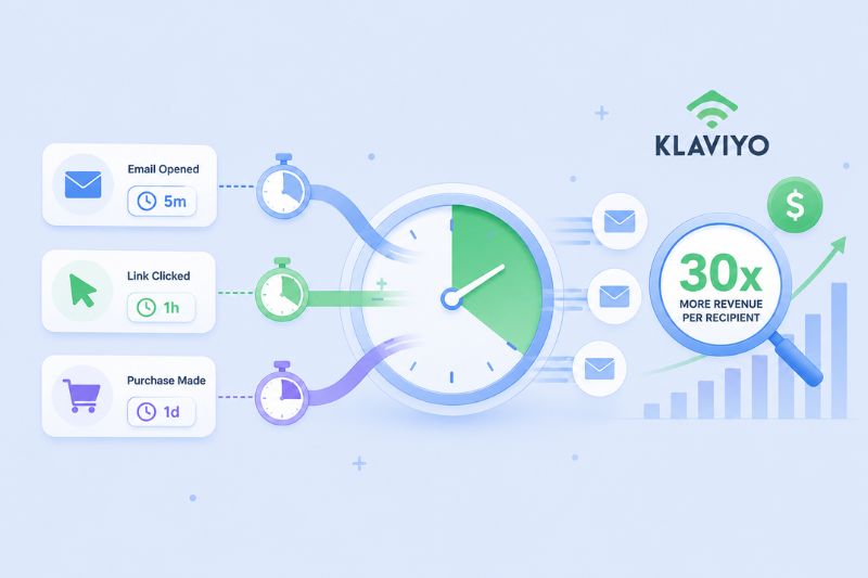 Infographic highlights Early Wins from Email Marketing Campaigns: emails opened in 5 minutes, links clicked in 1 hour, purchases made in 1 day, and Klaviyo claims 30x more revenue per recipient.