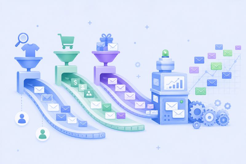 Illustration of automated email marketing workflow using Klaviyo, with funnels for product search, purchasing, and gifting, leading to charts, gears, and increasing email delivery on a digital dashboard.