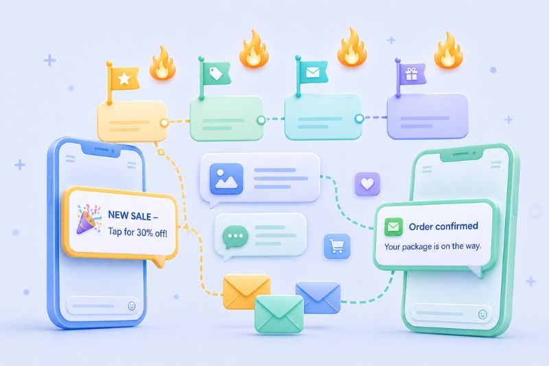 Two smartphones display messages about a sale and order confirmation, surrounded by flags, flames, envelopes, and chat bubbles—capturing the excitement of Early Wins through Email Marketing Campaigns and digital communication.