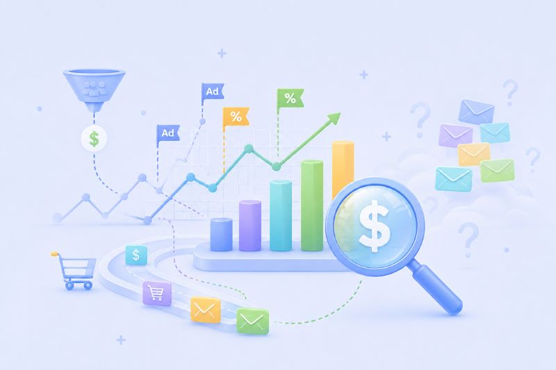 Illustration of a sales funnel, bar graph, magnifying glass with dollar sign, and email icons representing marketing strategies like Early Wins and data analysis in Email Marketing Campaigns.